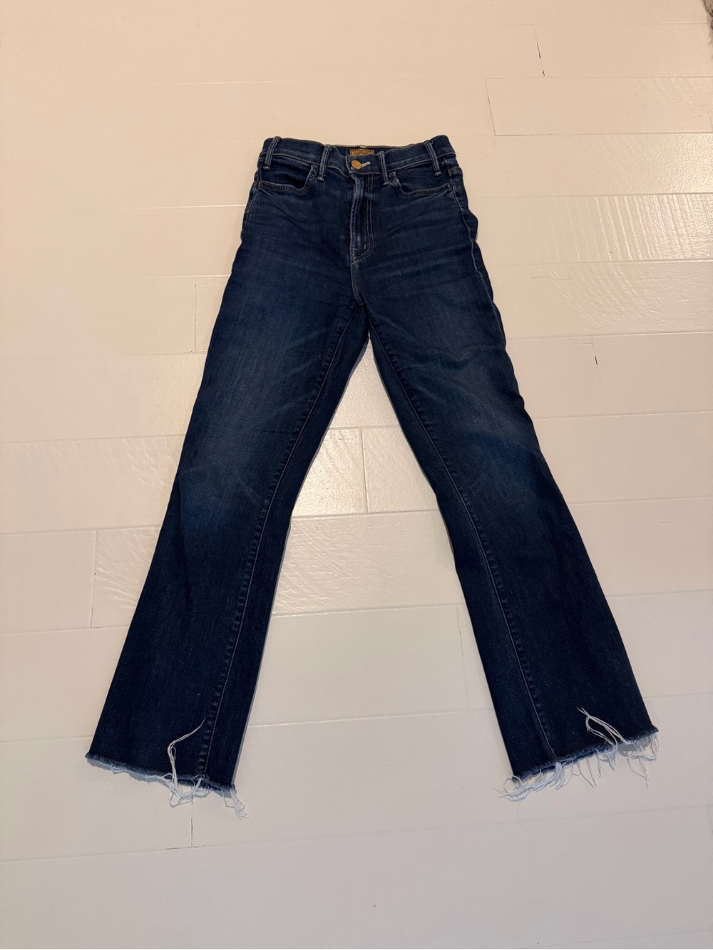 Mother Hustler Dark Blue Women's Straight-Leg Jeans with Raw Hem